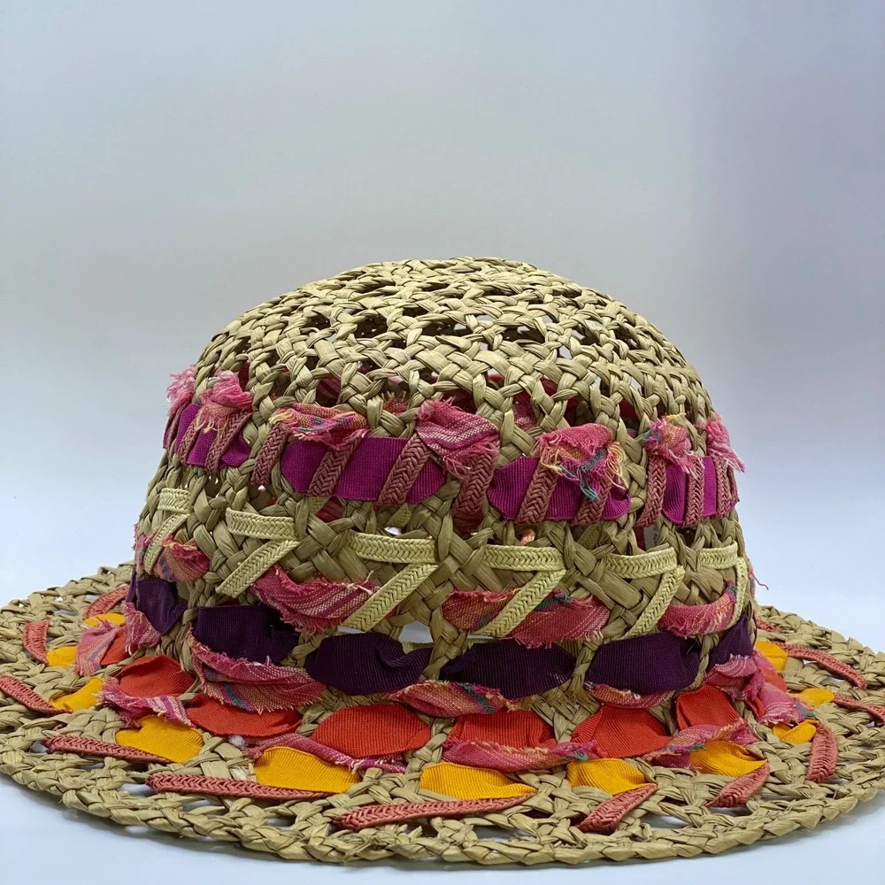 Vintage Boho Retro Multicolor Straw Bucket Hat Woven Made in Italy Shabby Chic